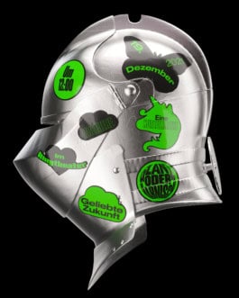 Innovative promotional image for 'Glanz oder Harnisch' featuring a metallic helmet with vibrant green event details for a premiere at Rhyththeater, December 19, 2021. fabian-garna-cgi-art-direction