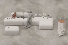 Artistic installation of the Labour Lounge featuring cushions shaped like a dollar bill, machine guns, and a child laborer, reflecting the juxtaposition of comfort with ethical concerns. fabian-garna-cgi-art-direction