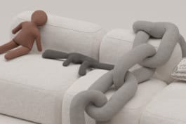 Art installation in the Labour Lounge with cushions shaped as child laborers, machine guns, and chains, set on a modern lounge sofa. fabian-garna-cgi-art-direction