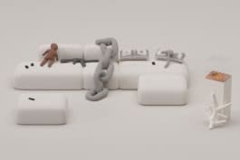 Artistic installation of the Labour Lounge featuring cushions shaped like a dollar bill, machine guns, and a child laborer, reflecting the juxtaposition of comfort with ethical concerns. fabian-garna-cgi-art-direction