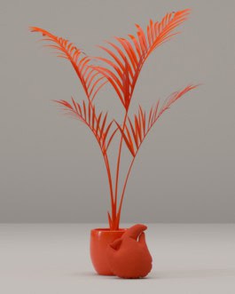 Striking orange palm in a clay pot with a unique animal-shaped design, adding a pop of color and artistry to any space. fabian-garna-cgi-art-direction