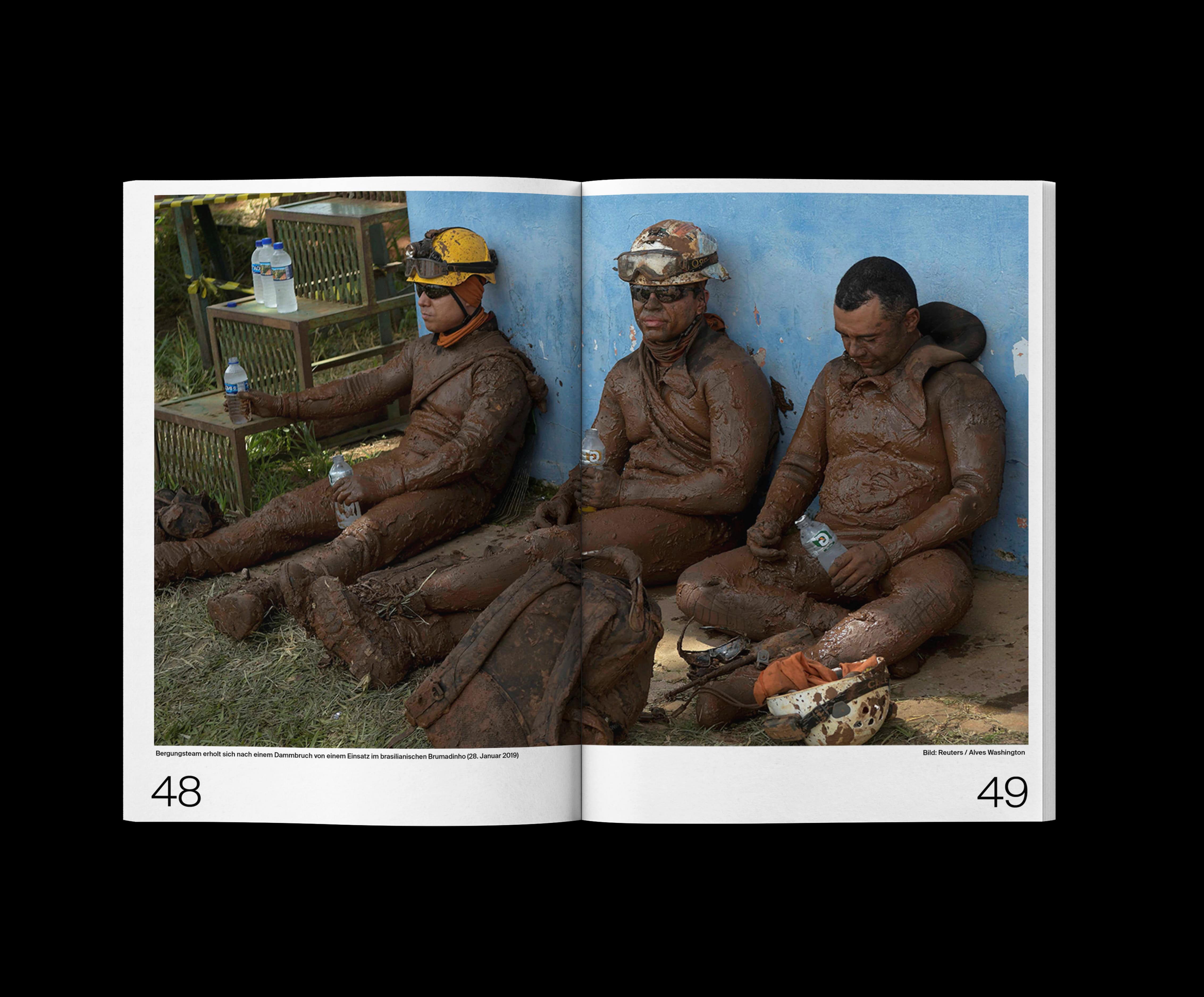 Documentary photograph of three miners covered in mud resting after extraction work, from the Labour Lounge catalogue. fabian-garna-cgi-art-direction