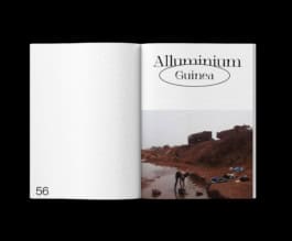 Catalogue page from the Labour Lounge exhibition showing a photo of a person scavenging through a wasteland in Guinea, highlighting the environmental impact of aluminum extraction. fabian-garna-cgi-art-direction