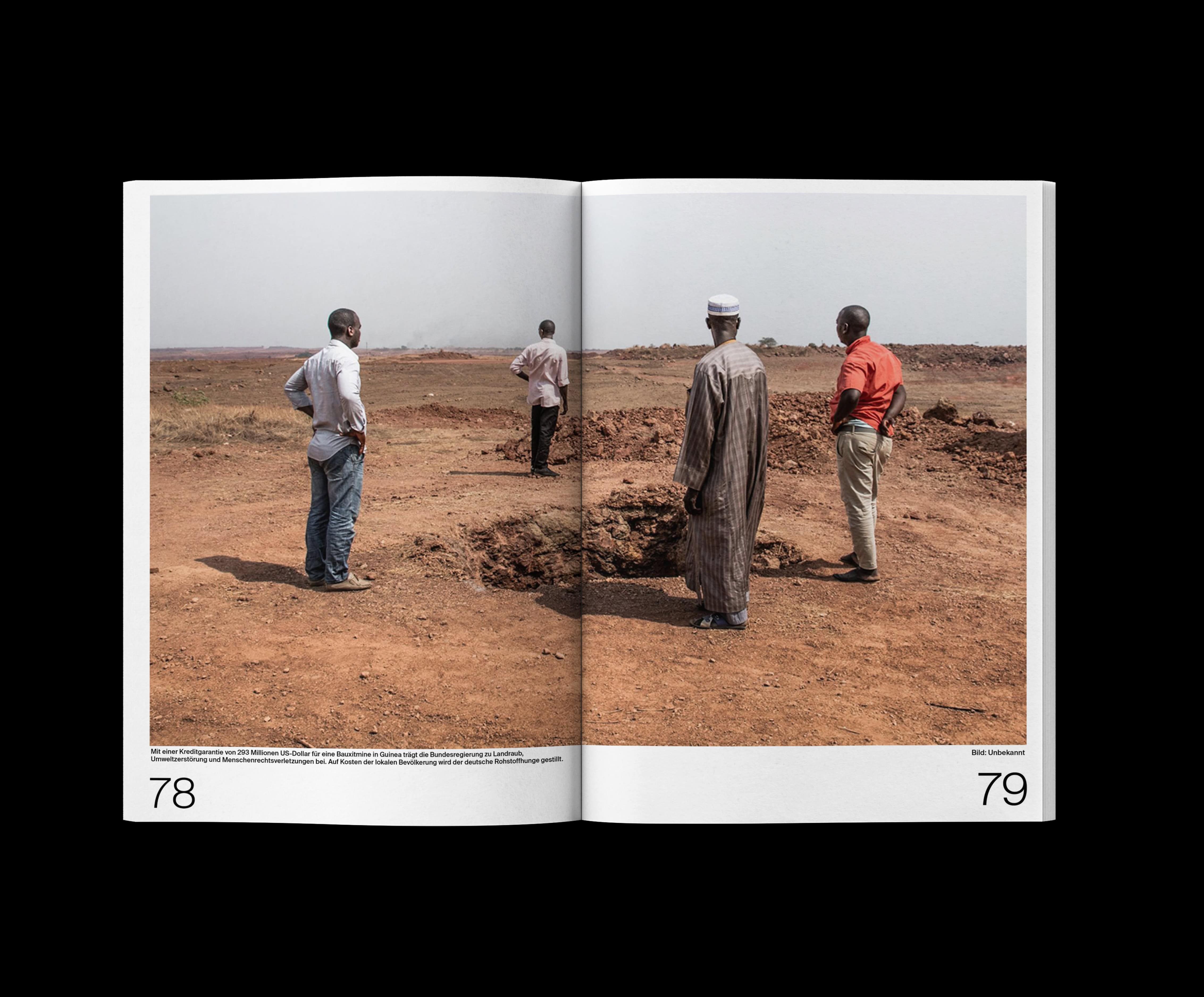 Photograph from the Labour Lounge catalogue showing three men observing a large barren landscape, devastated by industrial activities. fabian-garna-cgi-art-direction