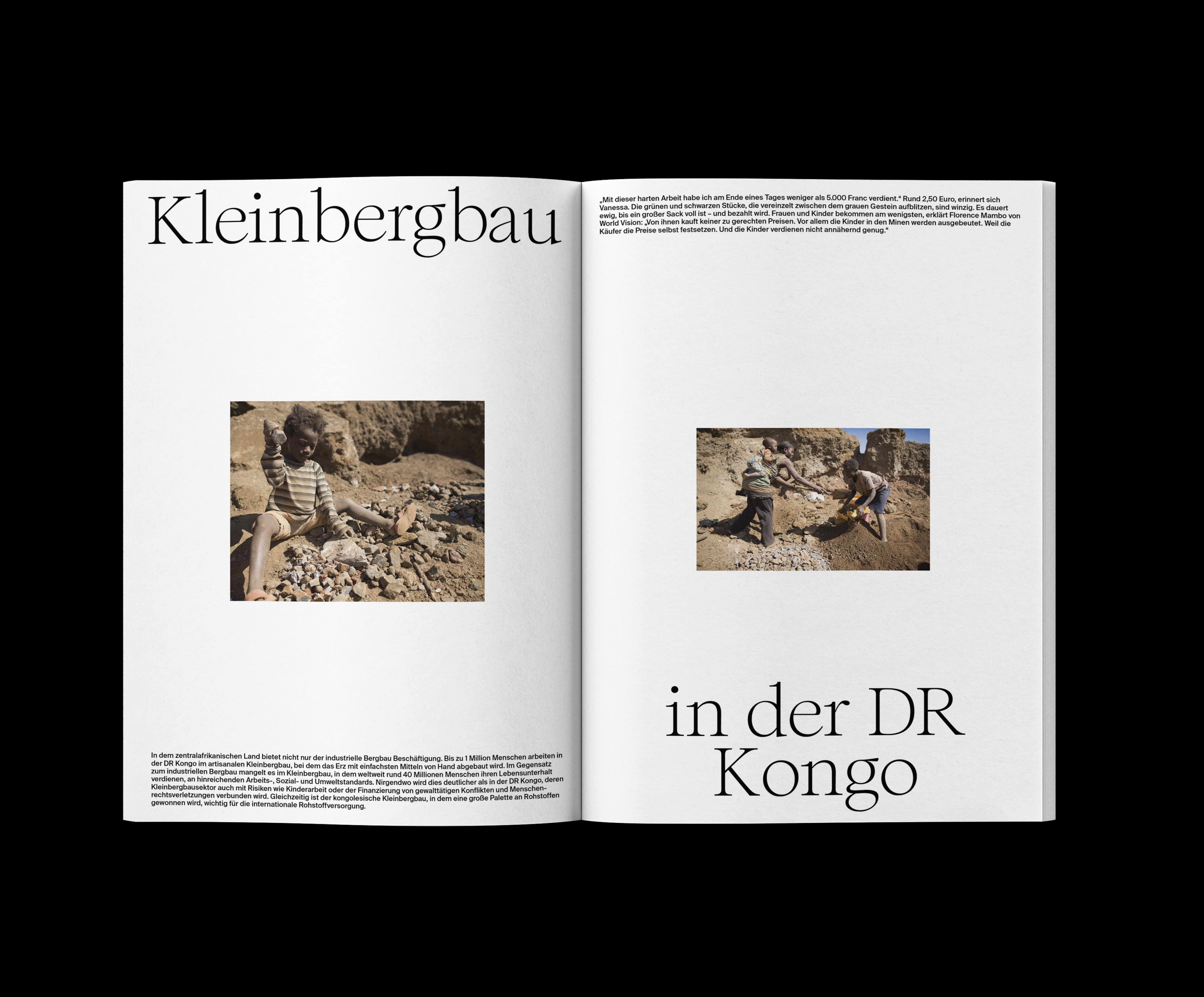 Page from the Labour Lounge catalogue depicting small-scale miners in the DR Congo, illustrating the harsh realities of manual labor in mineral extraction. fabian-garna-cgi-art-direction